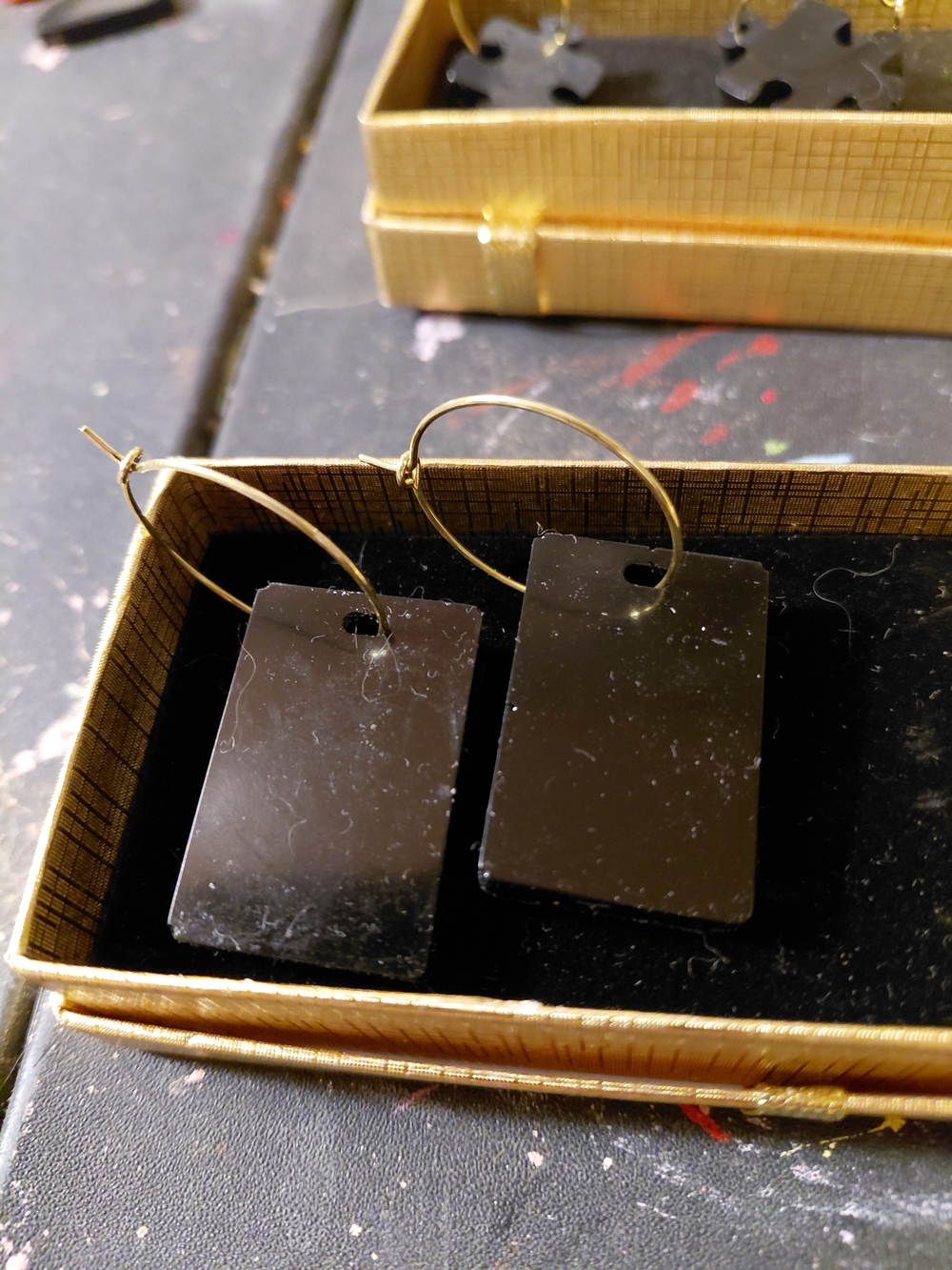 Black Rectangular Dangle Hoop Earrings - Unbranded